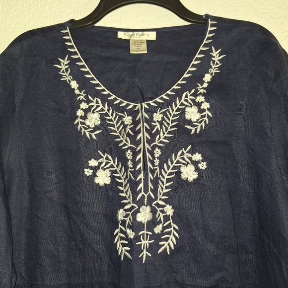 SUSAN BRISTOL Embroidered Neck Tunic Top Women's 1X Blue 100% Linen Minimalist - Picture 3 of 9